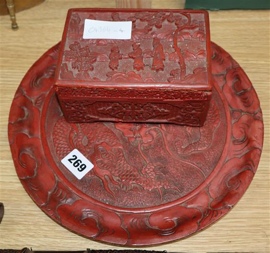 A Chinese cinnabar lacquer box with bone contents and a similar dragon dish